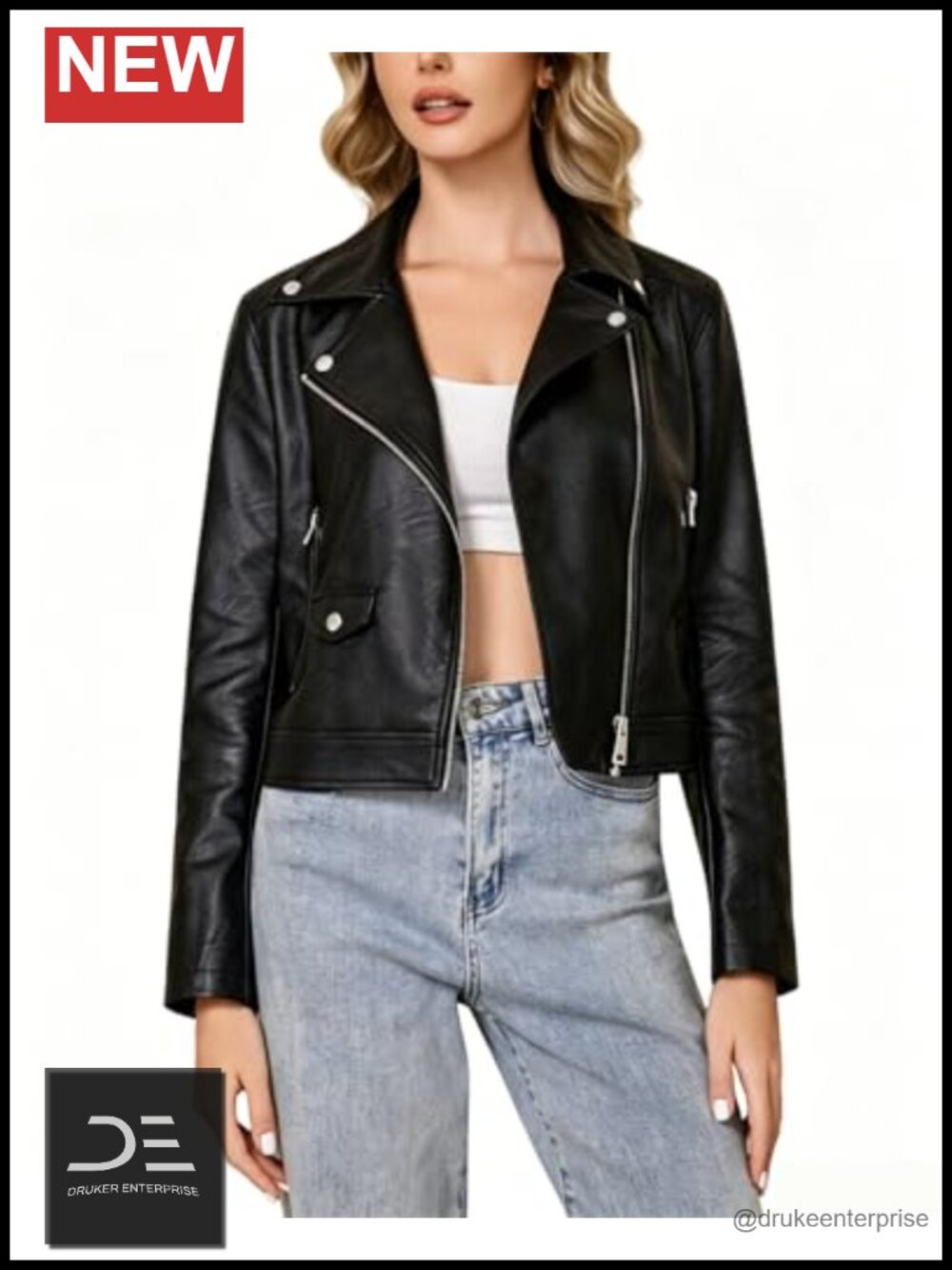 Faux Leather Jacket Women Cropped Motorcycle Biker Outwear Slim Fit Moto Zip